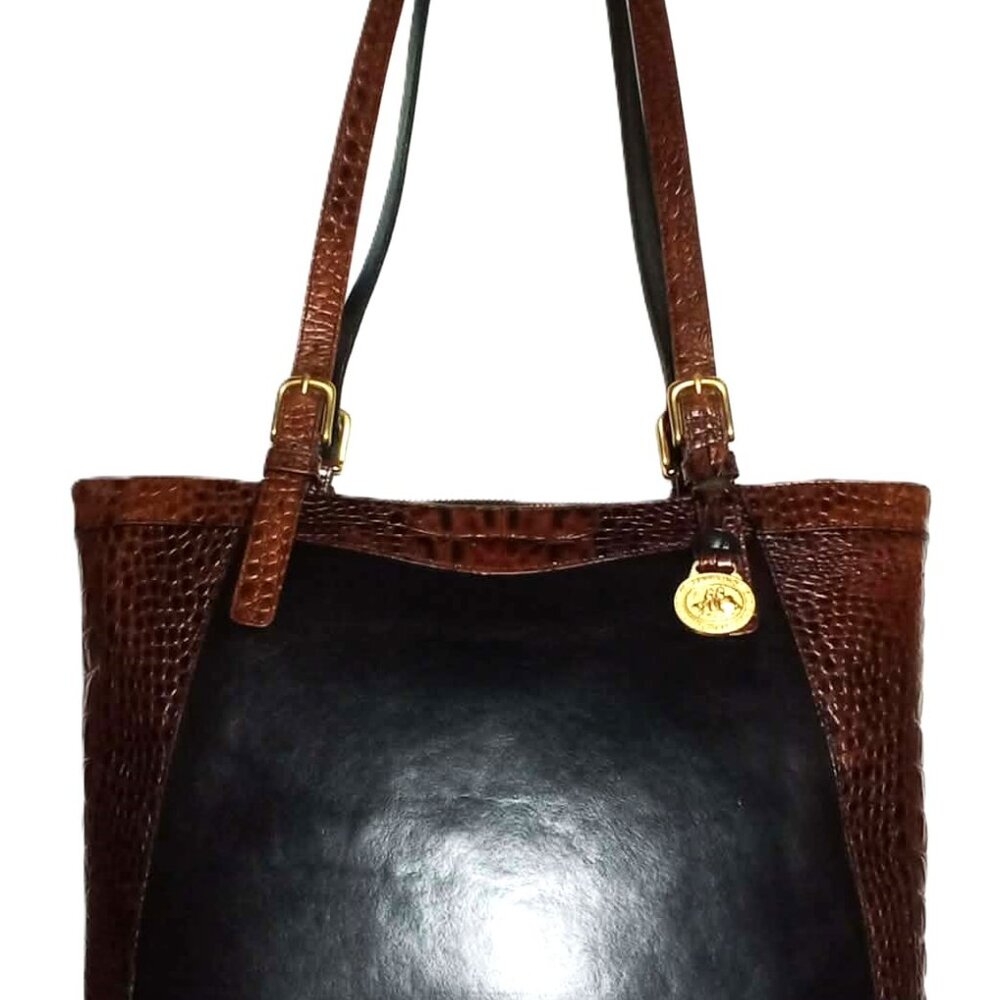 Vintage BRAHMIN Tuscan Croc Black Brown Leather Shoulder Bag Tote Handbag Purse